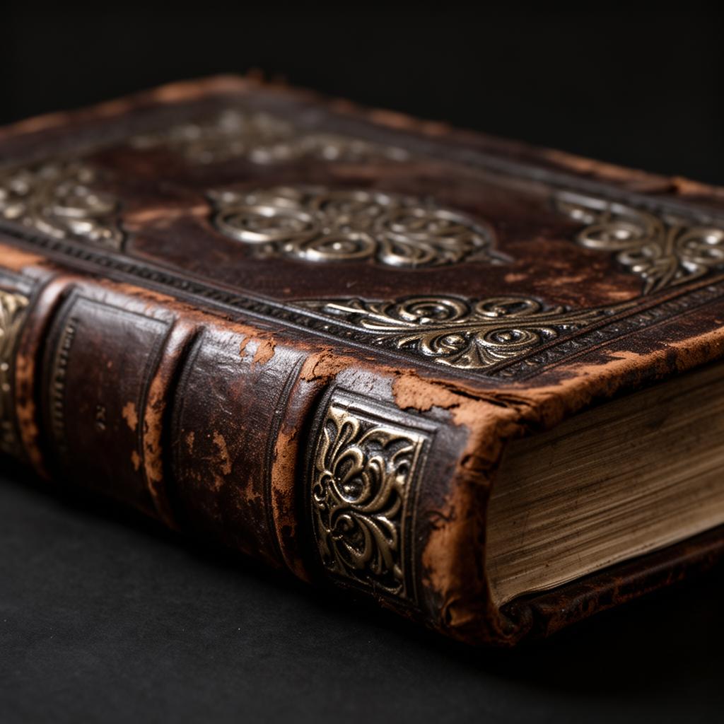 Aged leather book with embossed metallic details