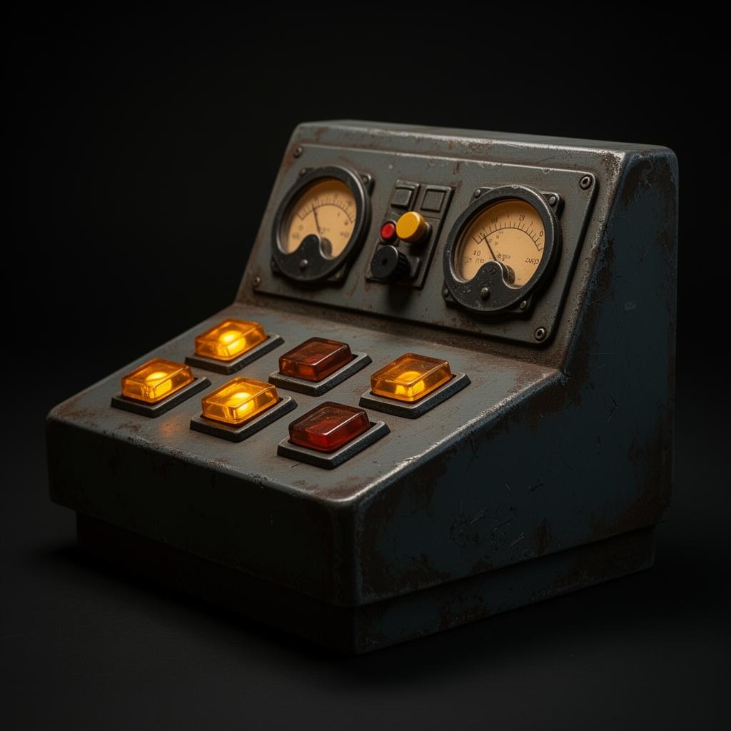 Retro sci-fi control console with glowing amber buttons