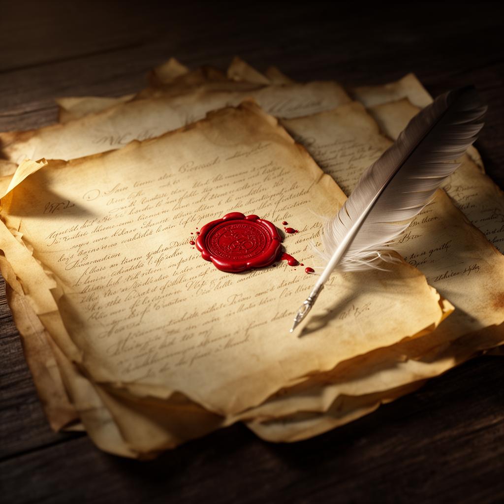 Aged colonial-era documents with red wax seal and quill