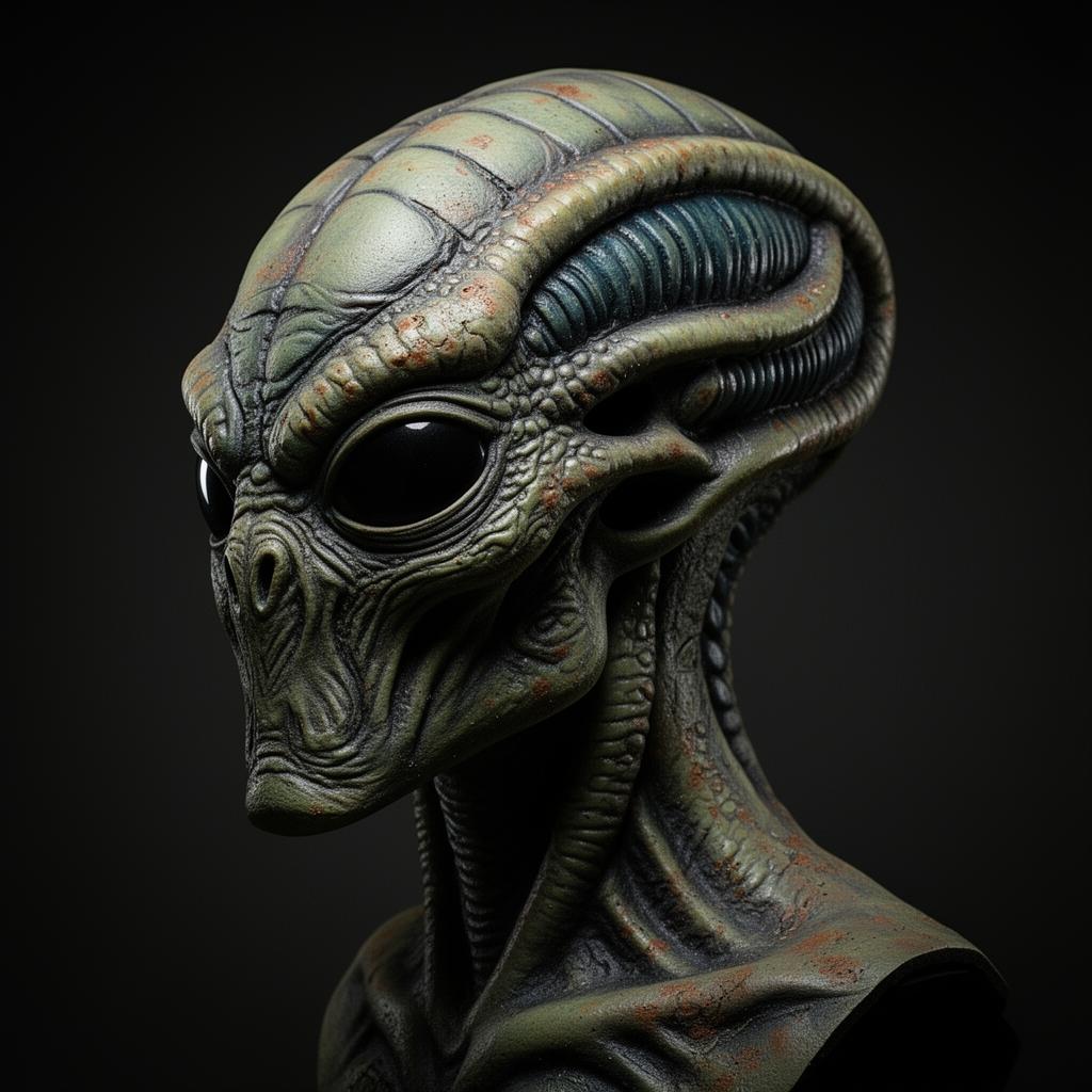 Sculpted alien creature bust in foam latex with weathered texture