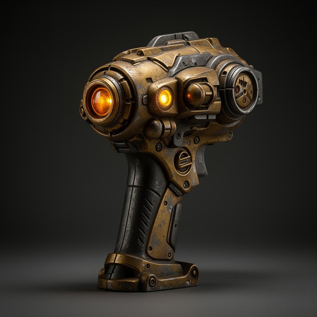 Weathered sci-fi handheld device with glowing amber detail